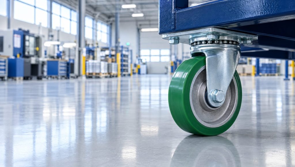 Heavy duty swivel castor on a factory trolley